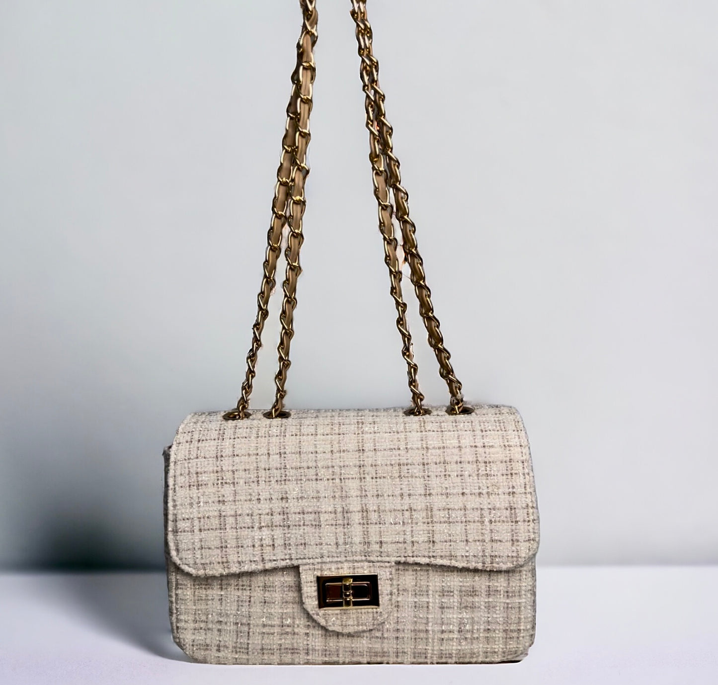 Beige Tasche mit Kette Tweed 