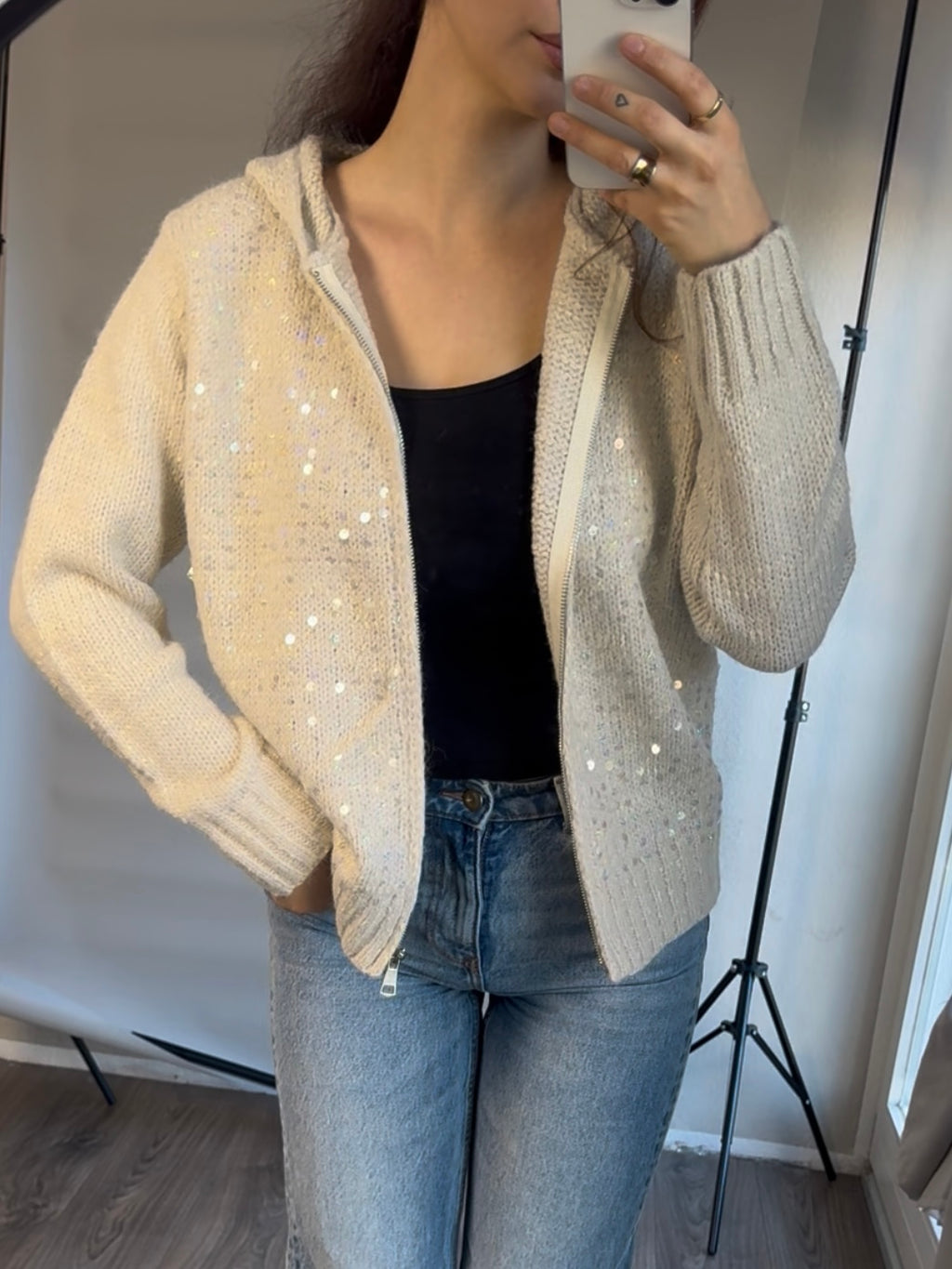 Pailletten Strickjacke beige