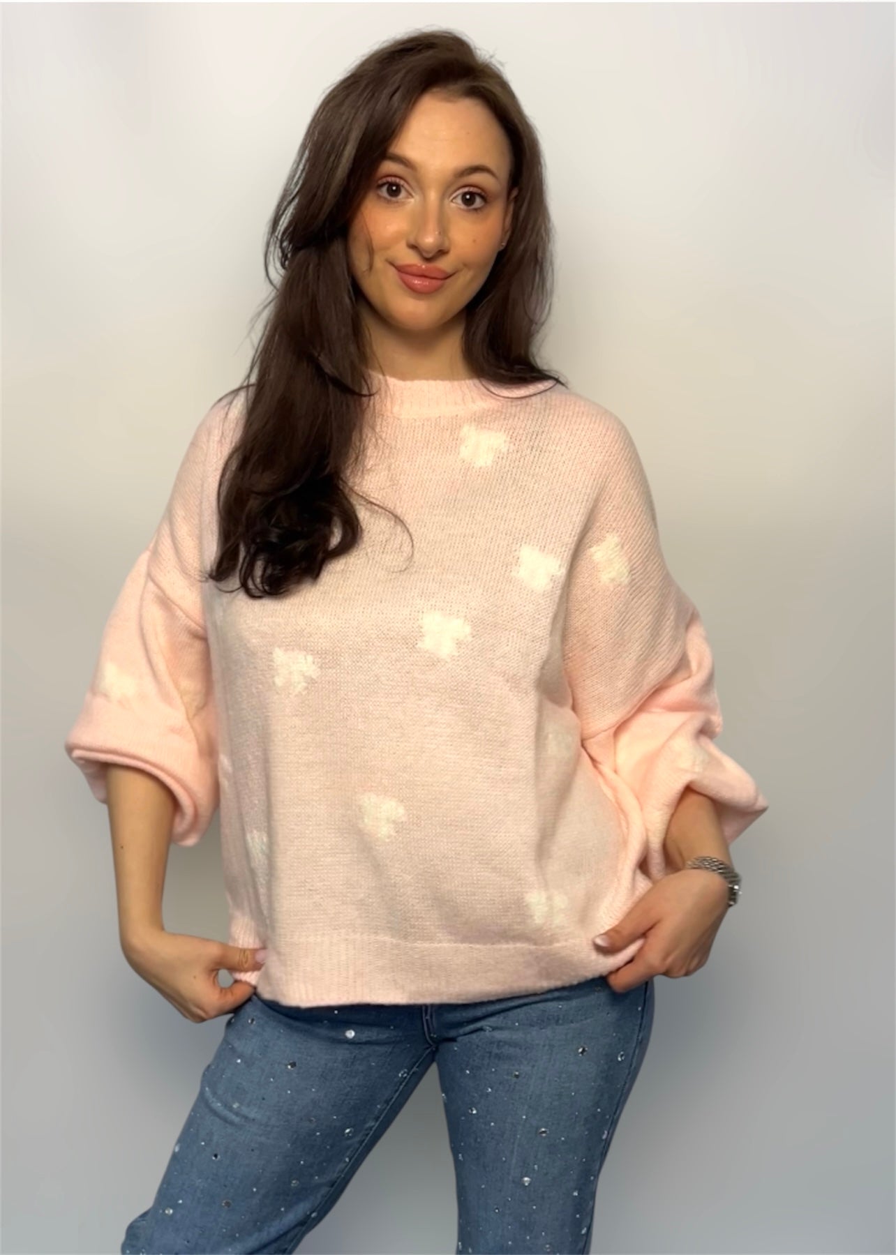 Pullover mit schleifen rosa weiß