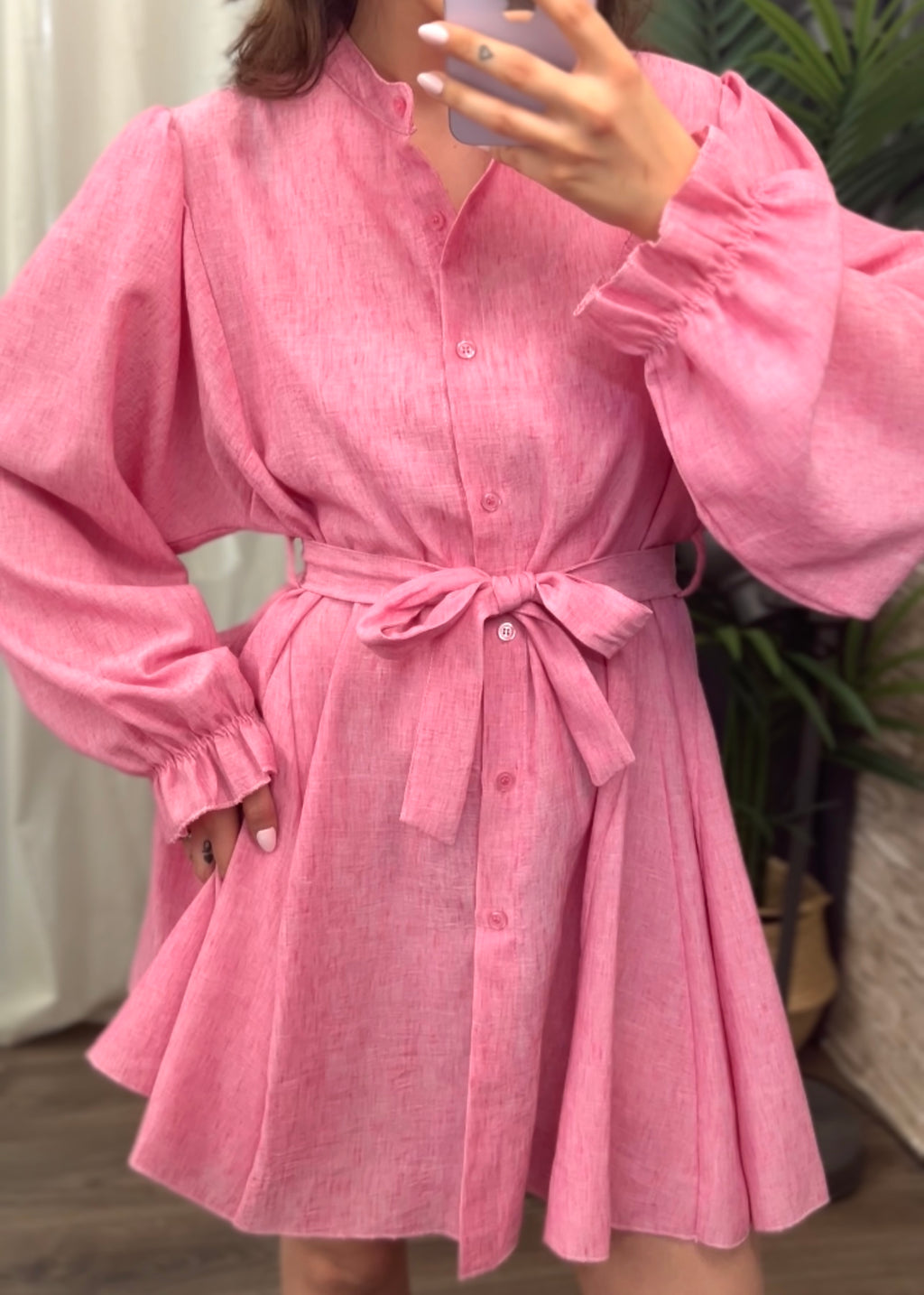 Leineoptik Kleid in rosa mir bindegürtel
