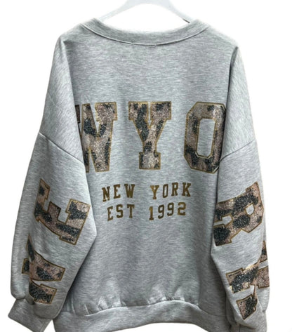 Pullover “New York” Pailletten- Leoschrift